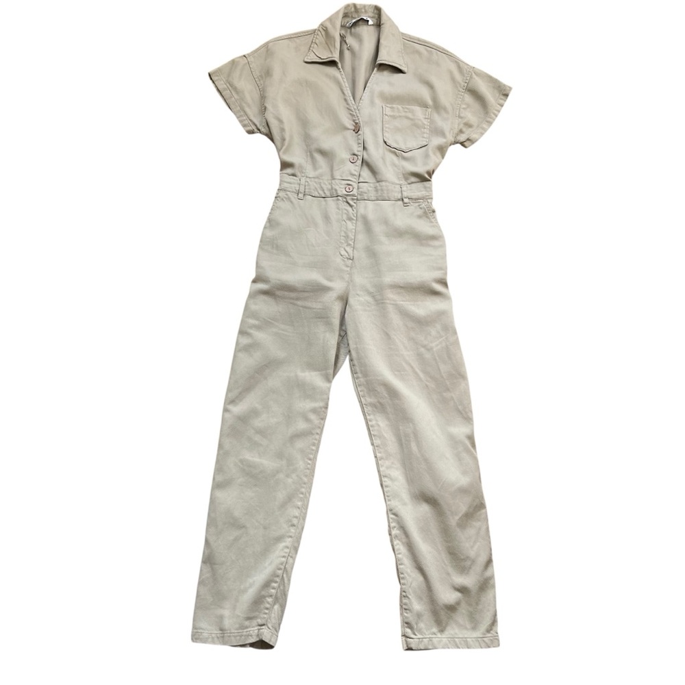 Zara Long Denim Jumpsuit Short Sleeve Button Up Collared Minimalist Light Sage